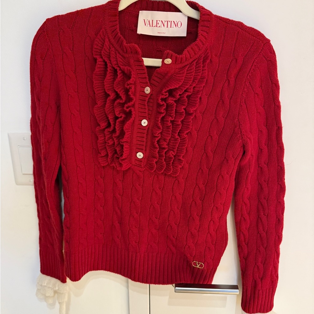 Valentino Women's Red Ruffle Cable-Knit Sweater